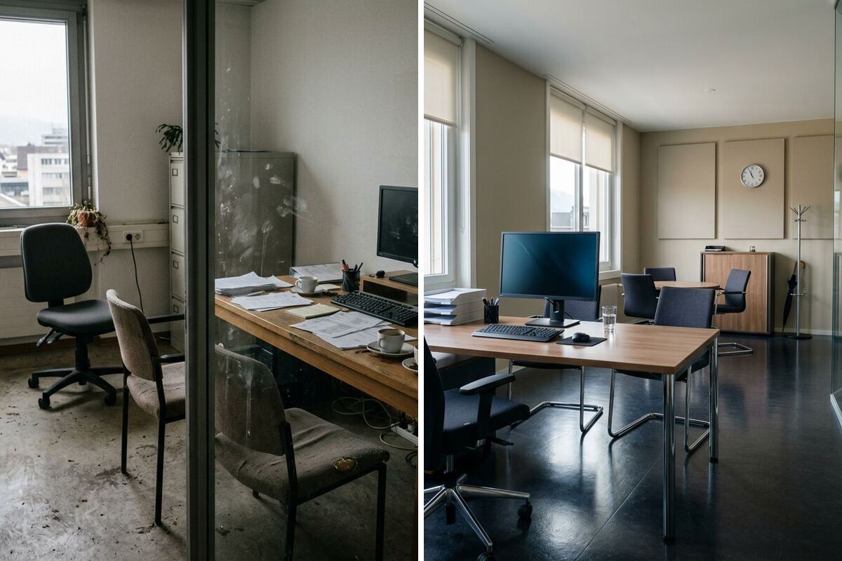 Exemple : bureau avant et après le nettoyage, côte à côte
